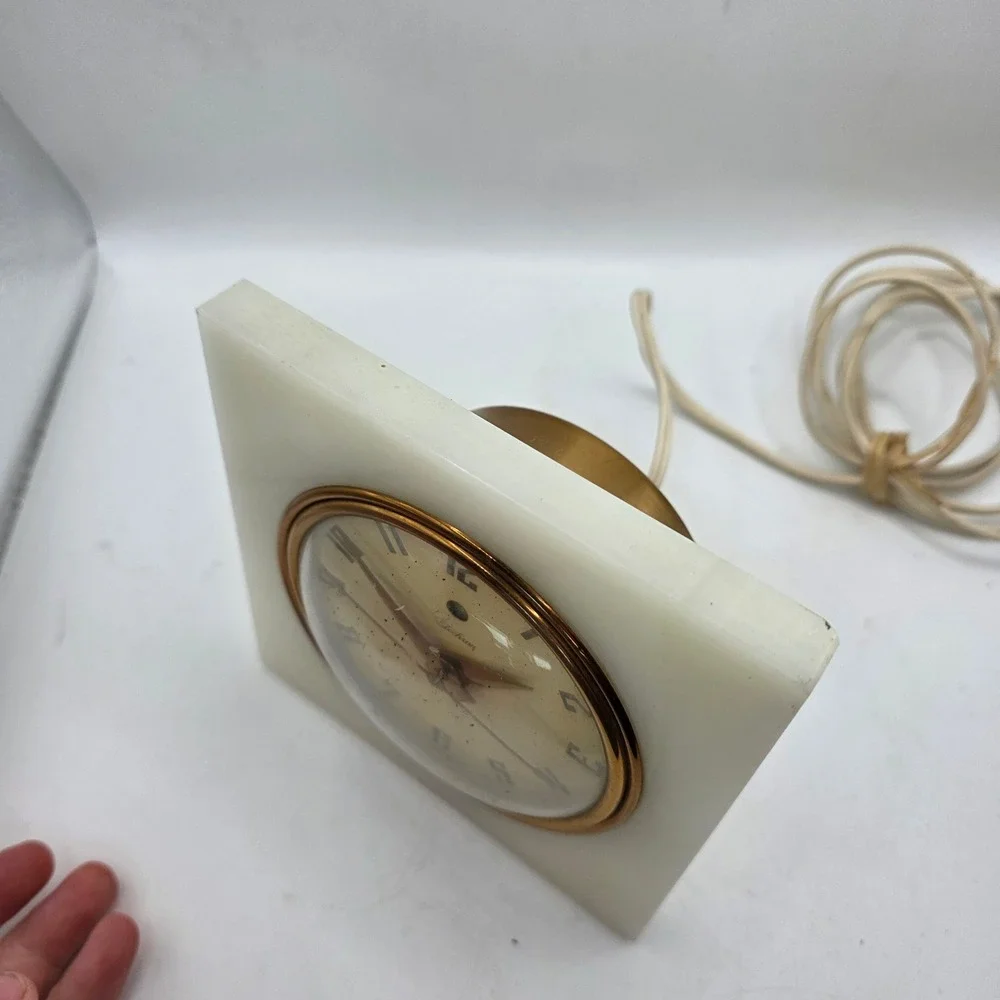 Vintage Warren Telechron Electric Clock White Onyx Brass MCM Desk Shelf Works US